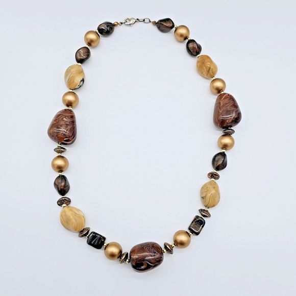 Marbled Faux Stone Necklace Chunky Statement Brown Camel Gold Beaded Jewelry - Picture 6 of 6